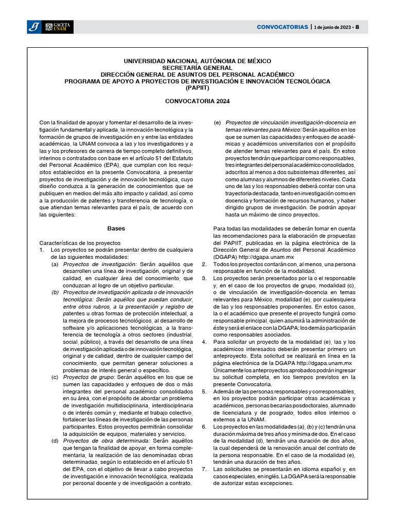 Convocatoria PAPIIT 2024 UNAM | PDF | Maestros | Investigación y desarrollo