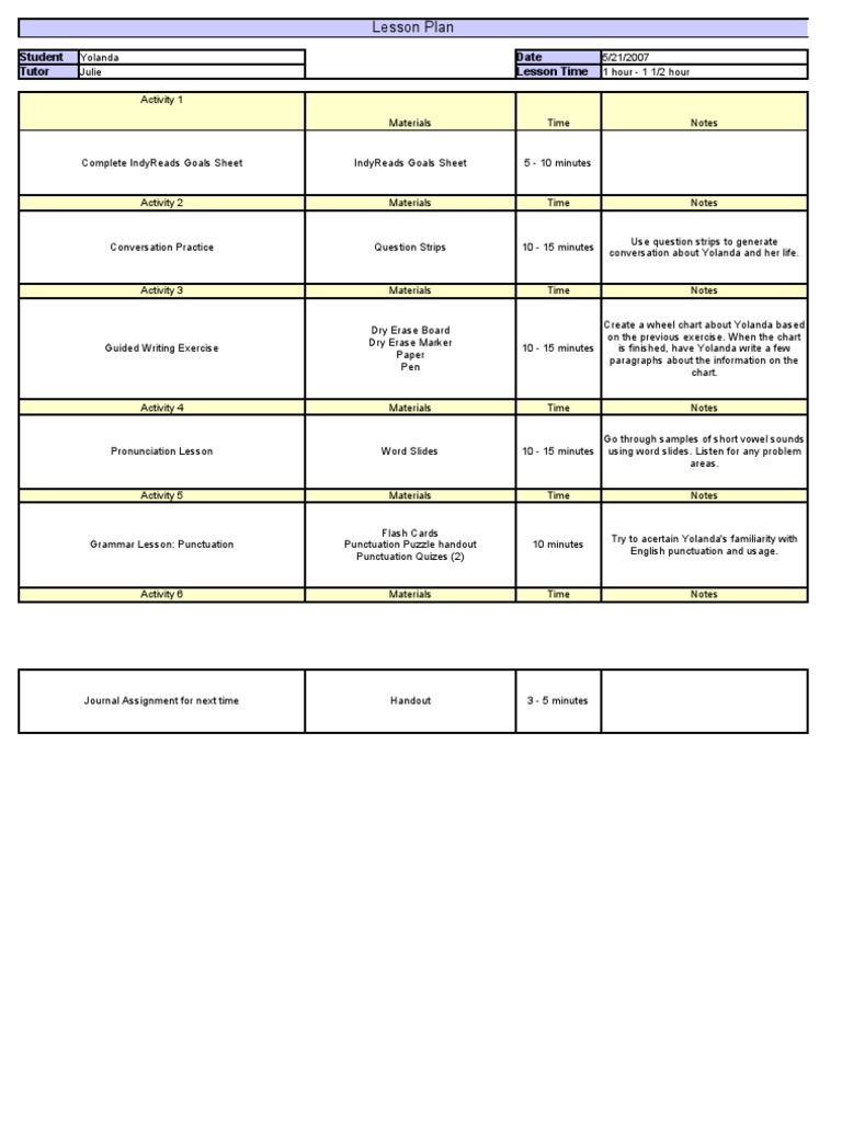 Lesson Plan: Student Date Tutor Lesson Time | PDF | Symbols | Languages