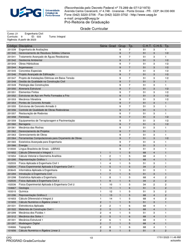 Grade Curricular de Engenharia Civil 2023 | PDF | Engenharia Civil ...