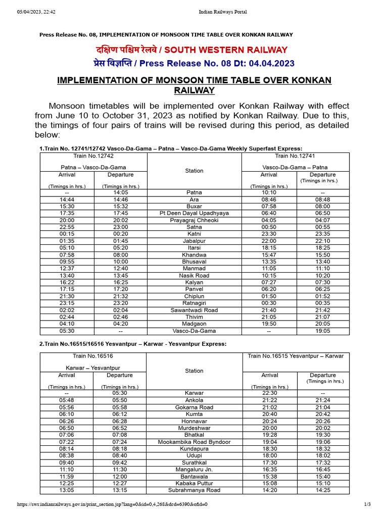 Monsoon Train Time Table 2024 Pdf Download