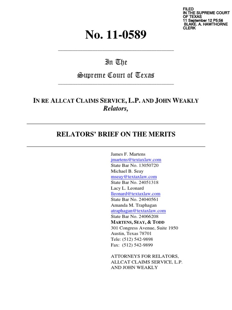 In Re Allcat, Relator's Brief On The Merits (Tex. Sept. 12, 2011) | PDF |  Mandamus | Jurisdiction