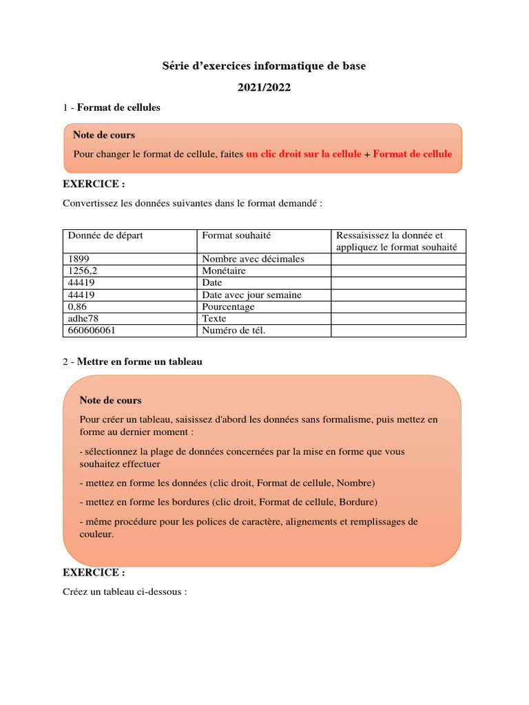 Série D Exercices Informatique de Base 2021.2022 | PDF