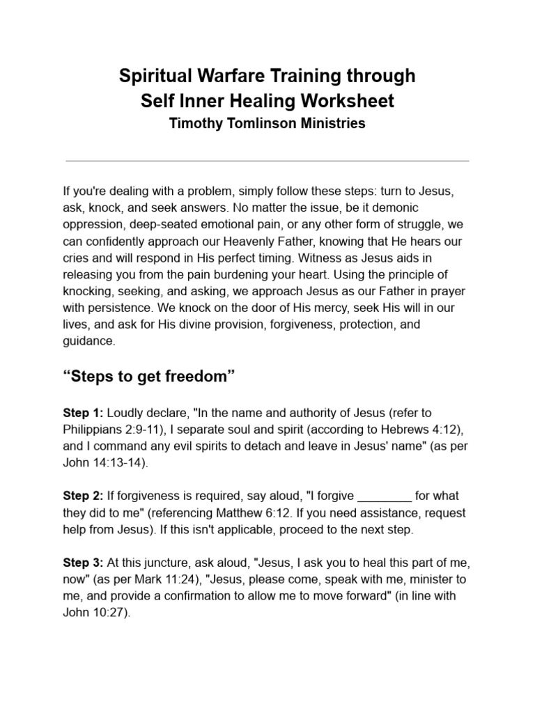 Spiritual Warfare Training Through Self Inner Healing Worksheet | PDF