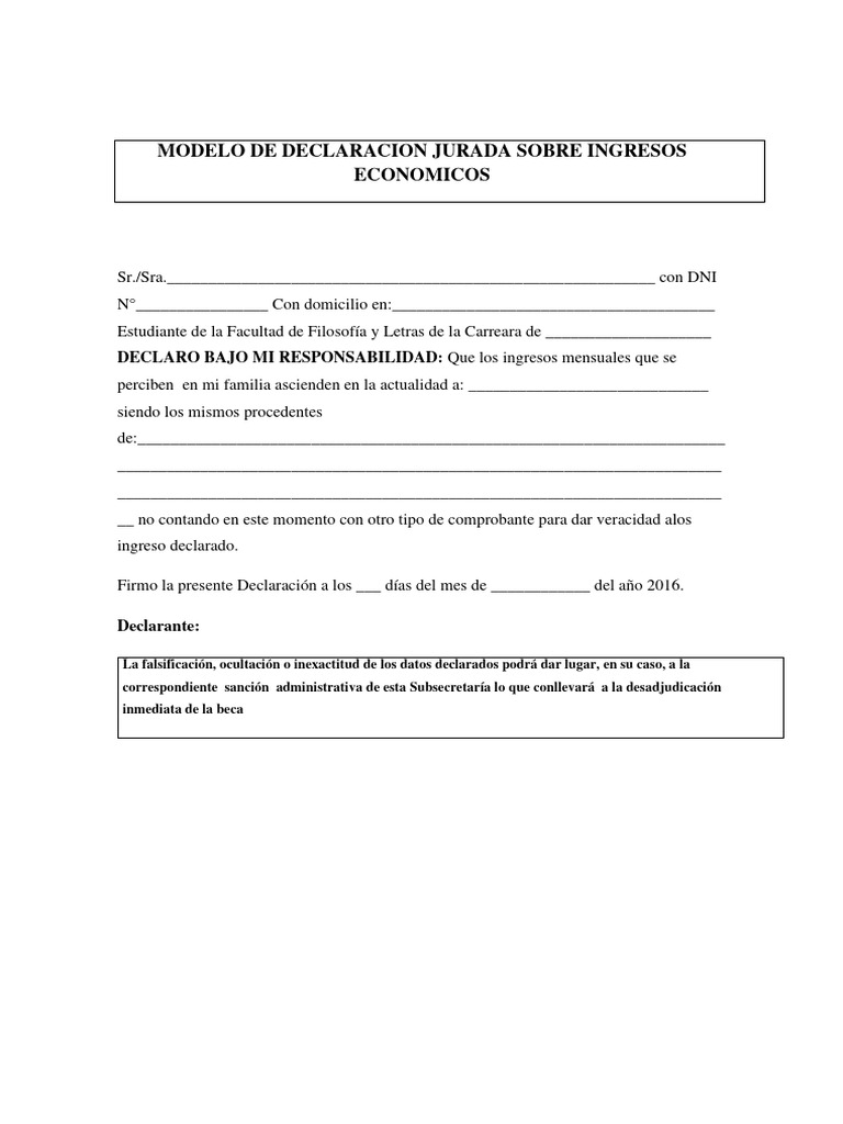 Modelo de Declaracion Jurada Sobre Ingresos Economicos 11 | PDF