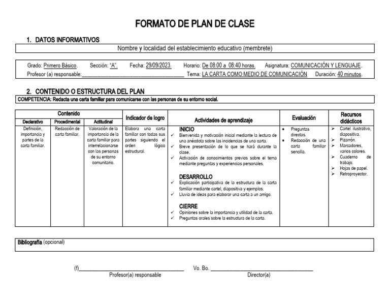 Formato y Ejemplo 1 de Plan de Clase PEM'23 | PDF