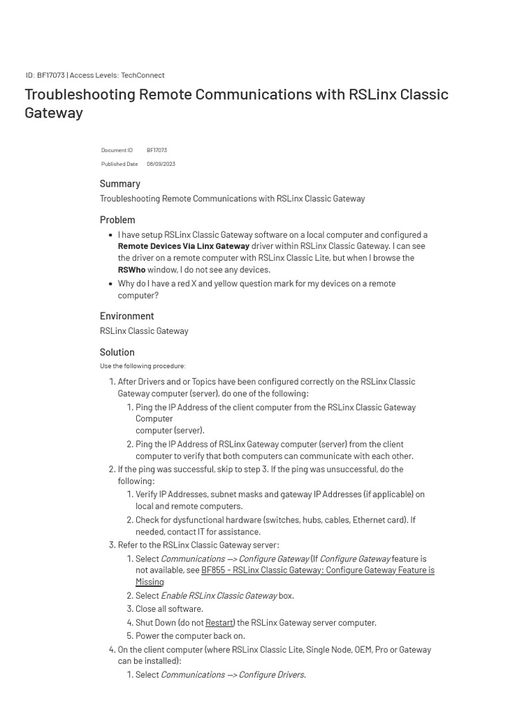 Troubleshooting Remote Communications With RSLinx Classic Gateway | PDF