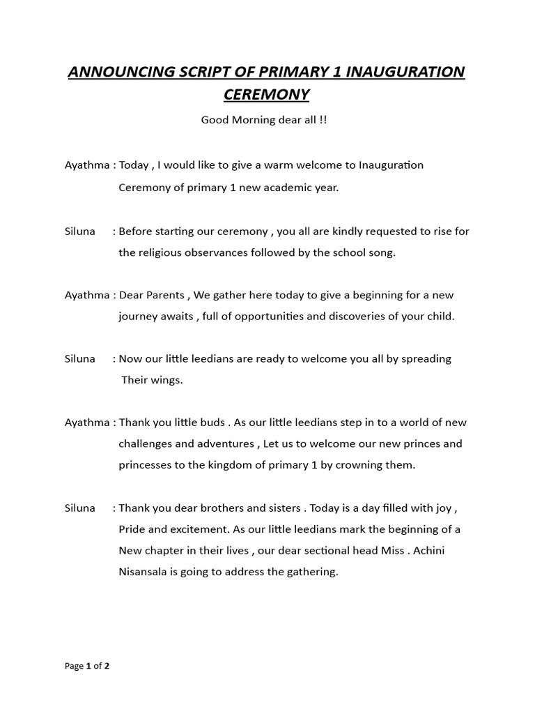 Announcing Script of Primary 1 Inauguration Ceremony | PDF