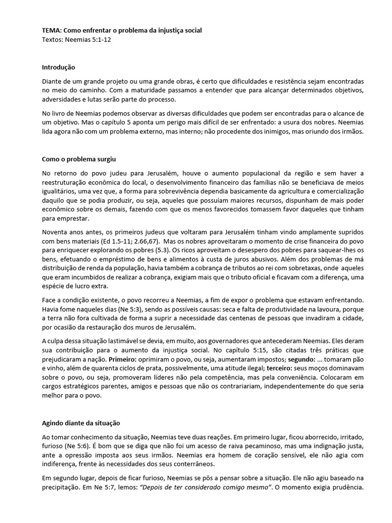 Enfrentando a Injustiça em Neemias 5 | PDF | Dinheiro | Deus