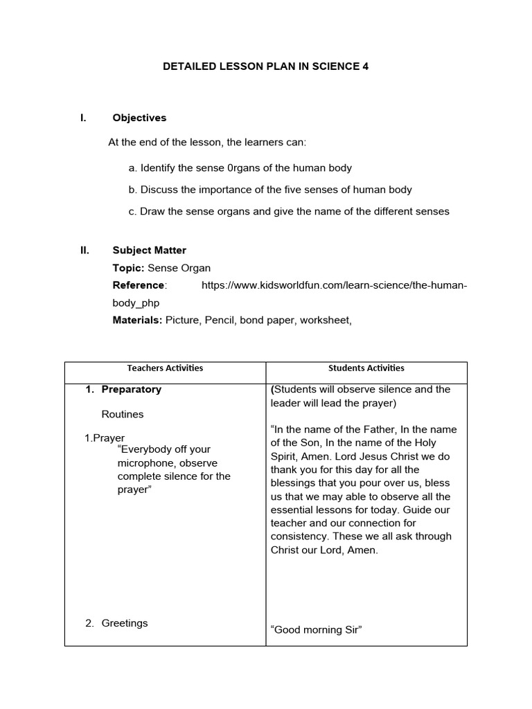 Lesson Plan on Human Sense Organs | PDF | Career & Growth | Language ...