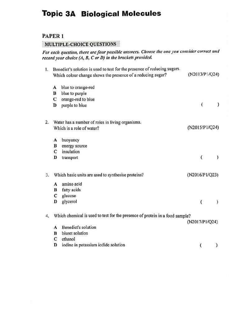Topic 3A - Biological Molecules | PDF