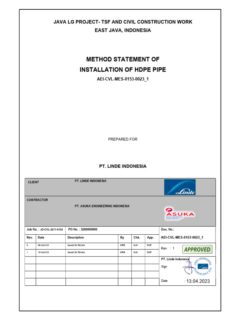 HDPE Pipe Installation Method Statement | PDF | Technology & Engineering