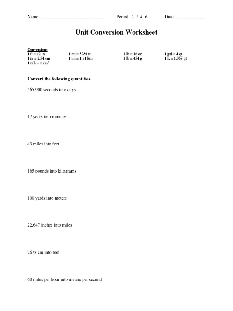 Unit Conversion Worksheet | PDF