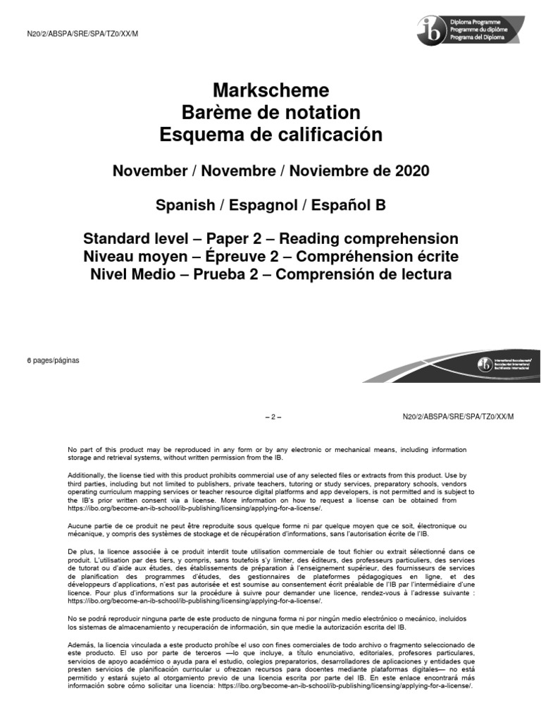 Spanish B Paper 2 Reading Comprehension SL Markscheme Spanish | PDF