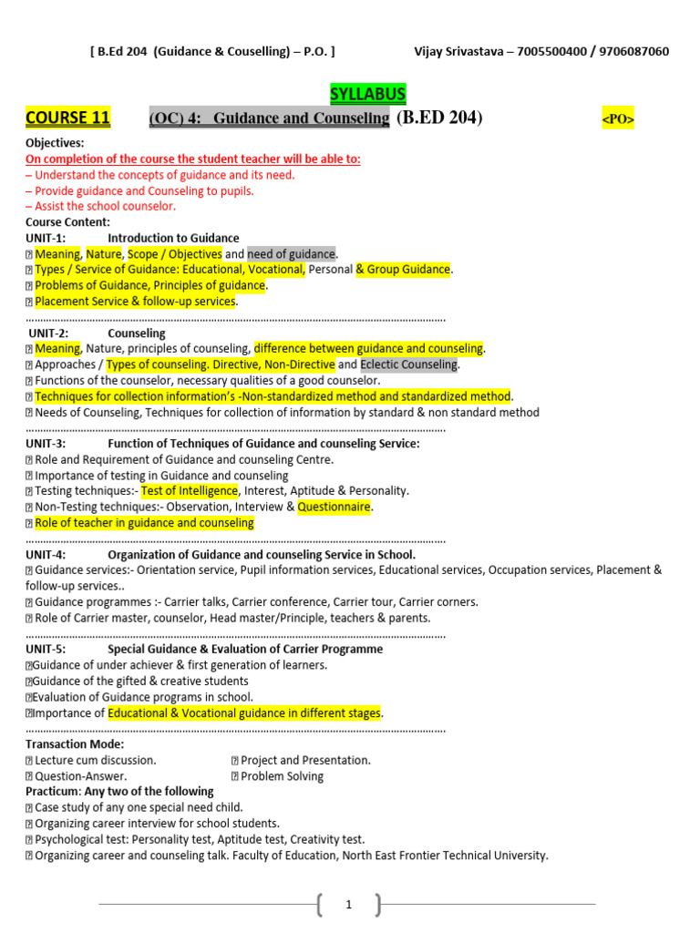 B.Ed Guidance and Counseling Overview | PDF