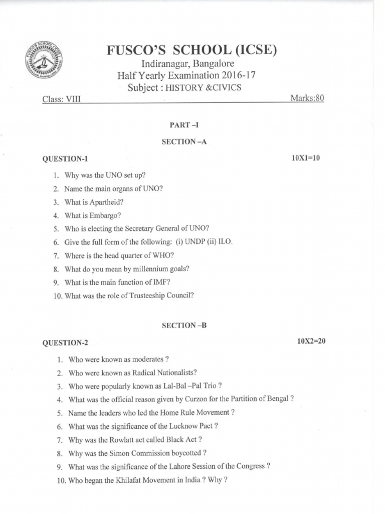 ICSE Class 8 History & Civics Half Yearly Model Exam PDF