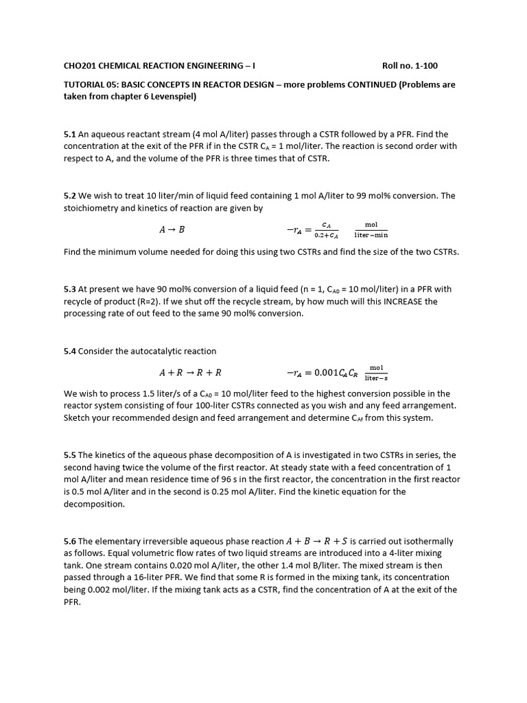 Chemical Reaction Engineering Problems | PDF