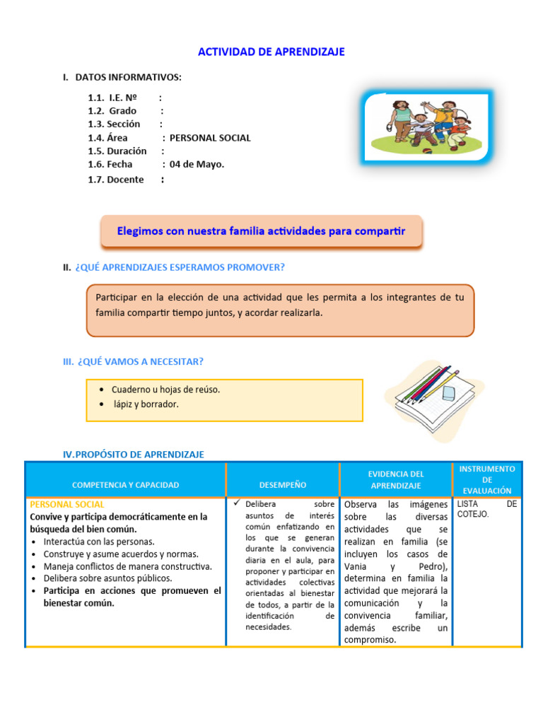 DIA 2 SESION DE APRENDIZAJE Elegimos Con Nuestra Familia Actividades ...