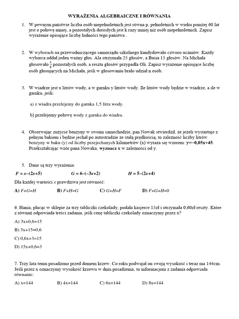 Matematyka Klasa 8 Wyrażenia Algebraiczne I Równania WYRAŻENIA_ALGEBRAICZNE_I_RÓWNANIA__DO_SPRAWDZIANU__KL8_ | PDF