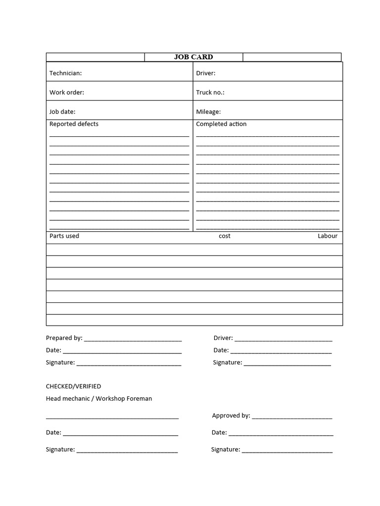 Job Card List Pdf