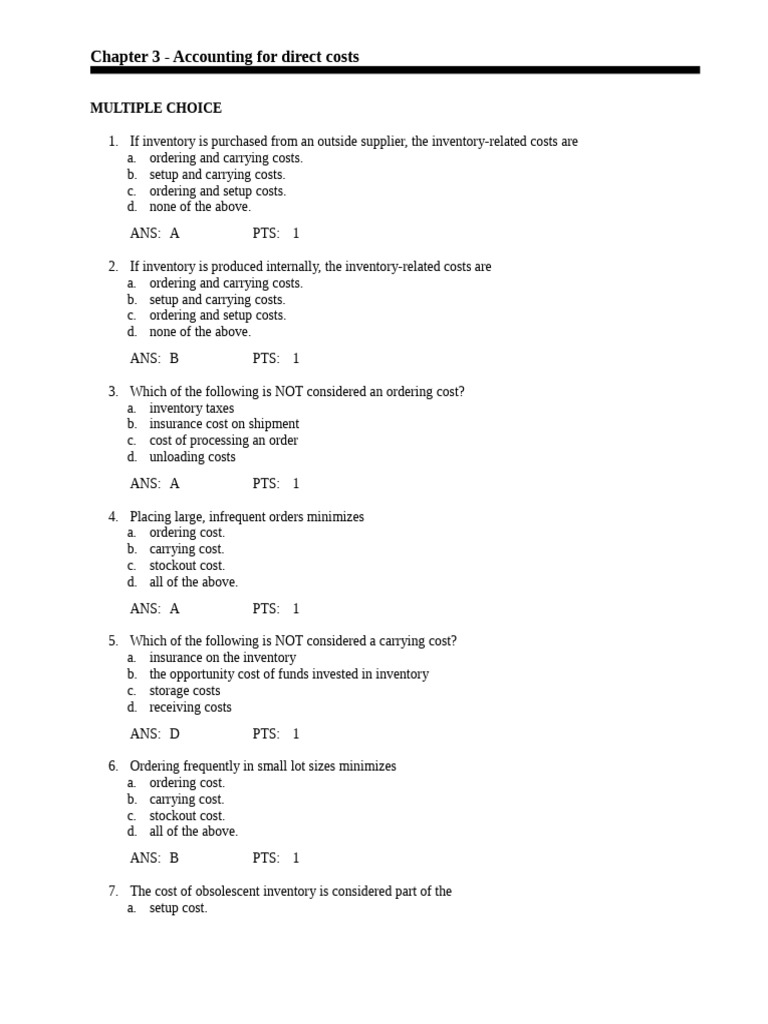 Chapter 3 - Accounting For Direct Costs: Multiple Choice | PDF