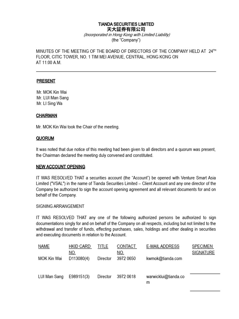 TSL - Venture Smart Asia Limited Openaccounts-Client Account | PDF