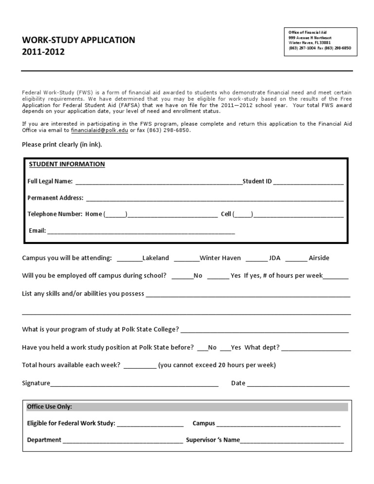 Work-Study Application 2011-2012 | PDF
