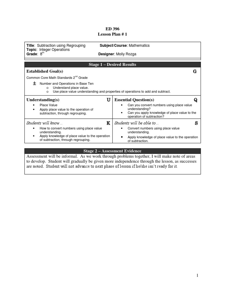 Subtraction with Regrouping Lesson Plan | PDF | Lesson Plan | Education ...