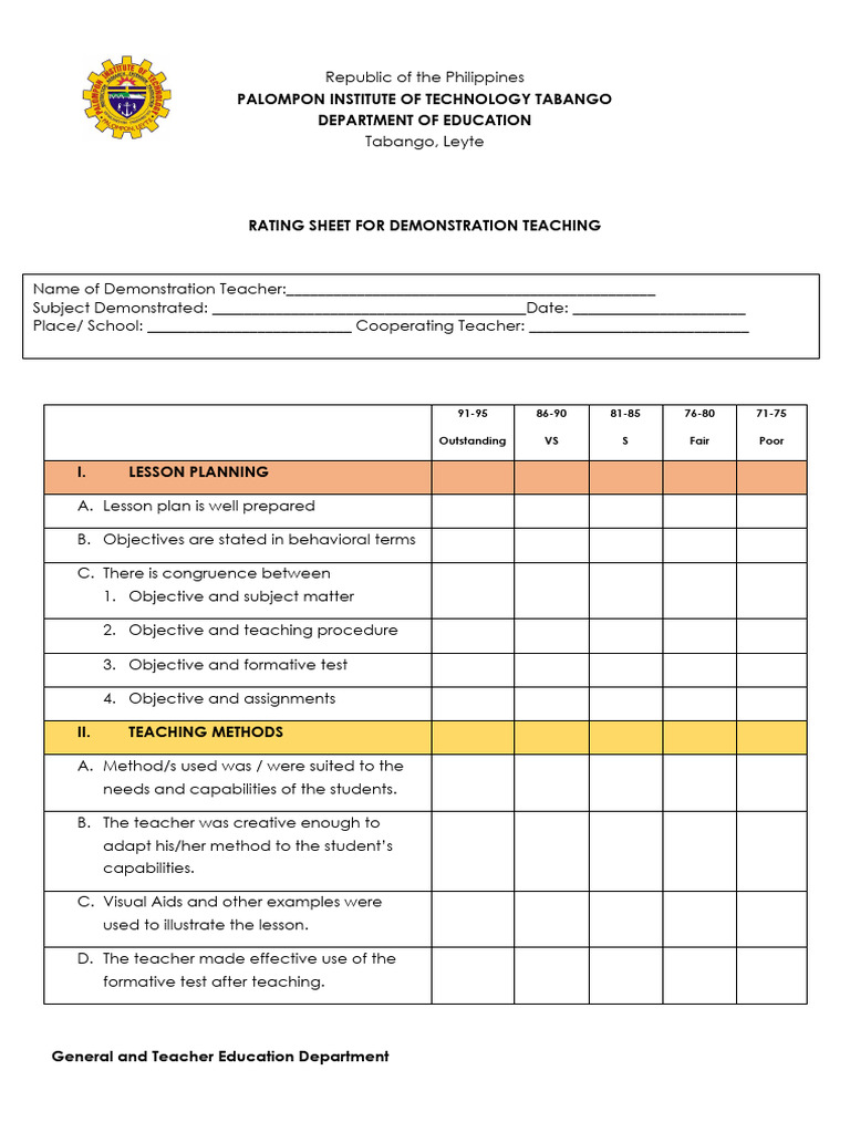 Demonstration Teaching Rating Sheet | PDF | Language Arts & Discipline ...