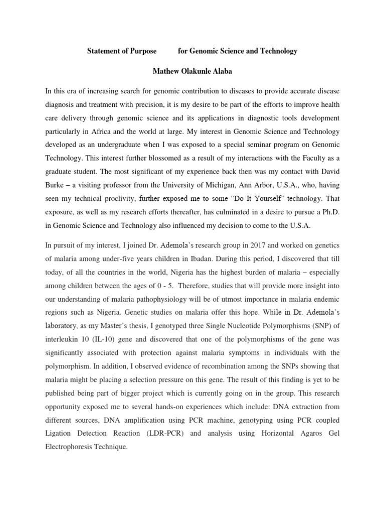 Statement of Purpose For Genomic Science and Technology | PDF ...
