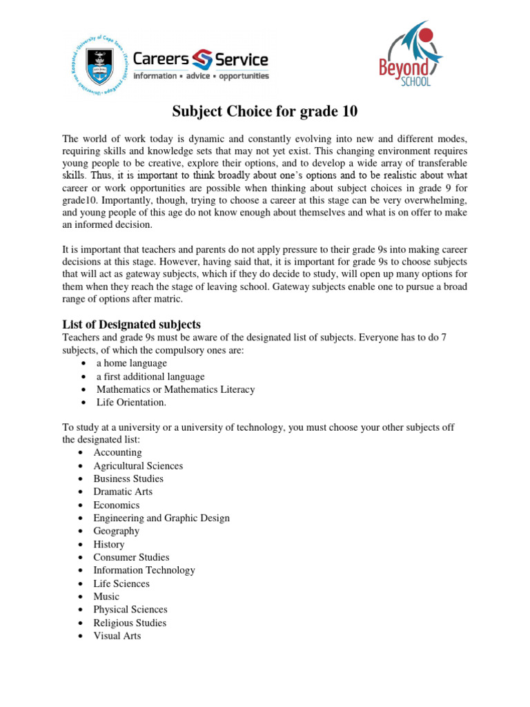 Grade 10 Subject Selection Guide | PDF | Mathematics | Science