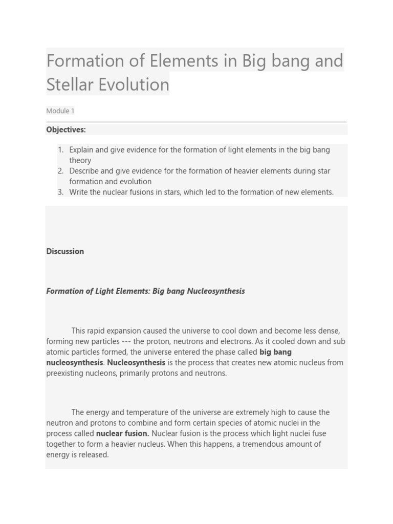 Formation of Elements in Big Bang and Stellar Evolution | PDF