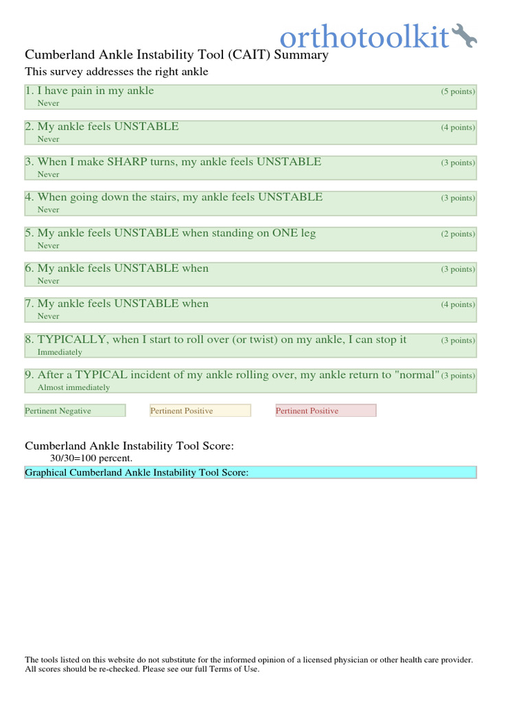 OrthoToolKit Cumberland Ankle Instability Tool (CAIT) Score Report PDF