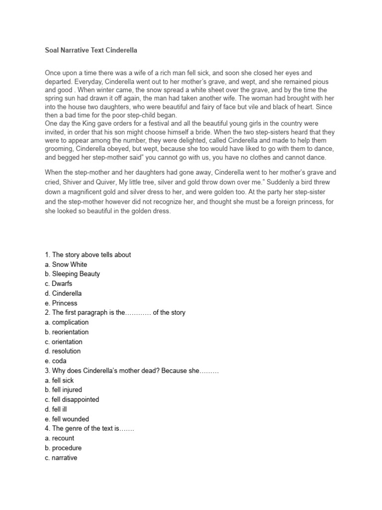 Narrative Text Questions: Cinderella, Snow White, Ugly Duckling | PDF