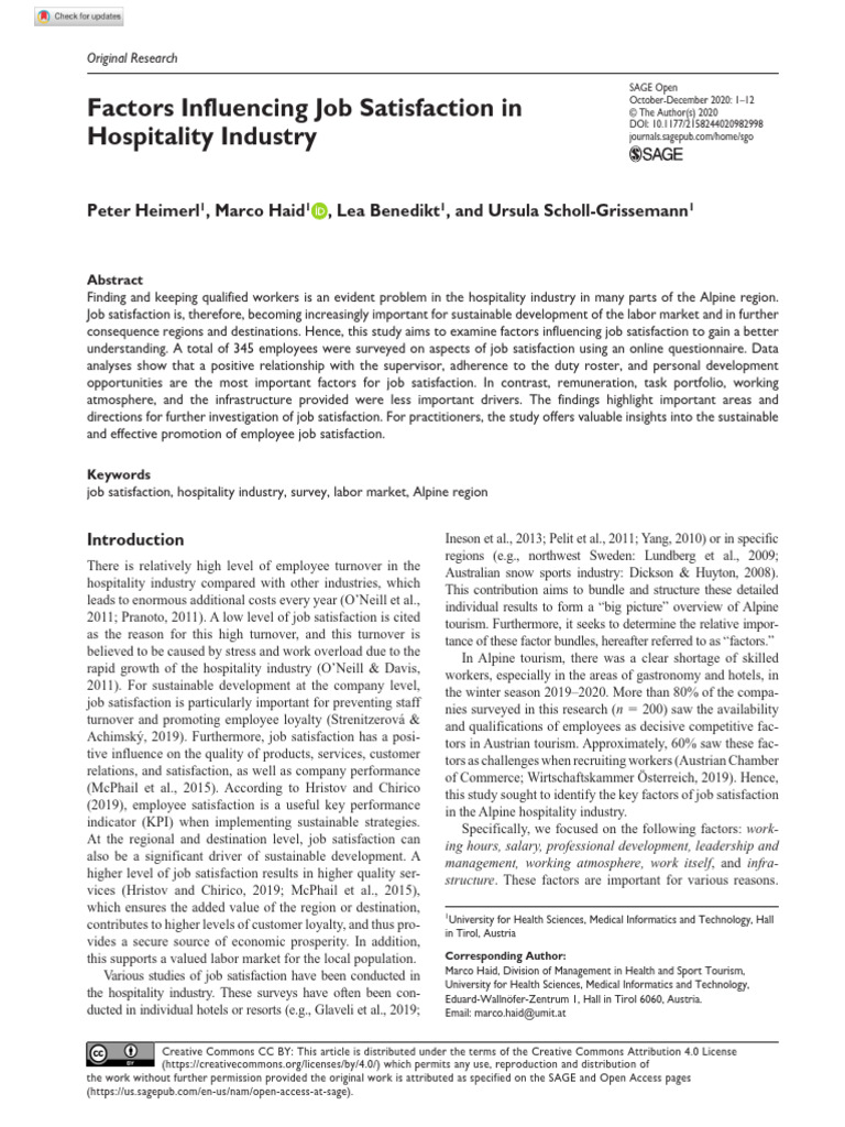 Factors Influencing Job Satisfaction in Hospitality Industry | PDF