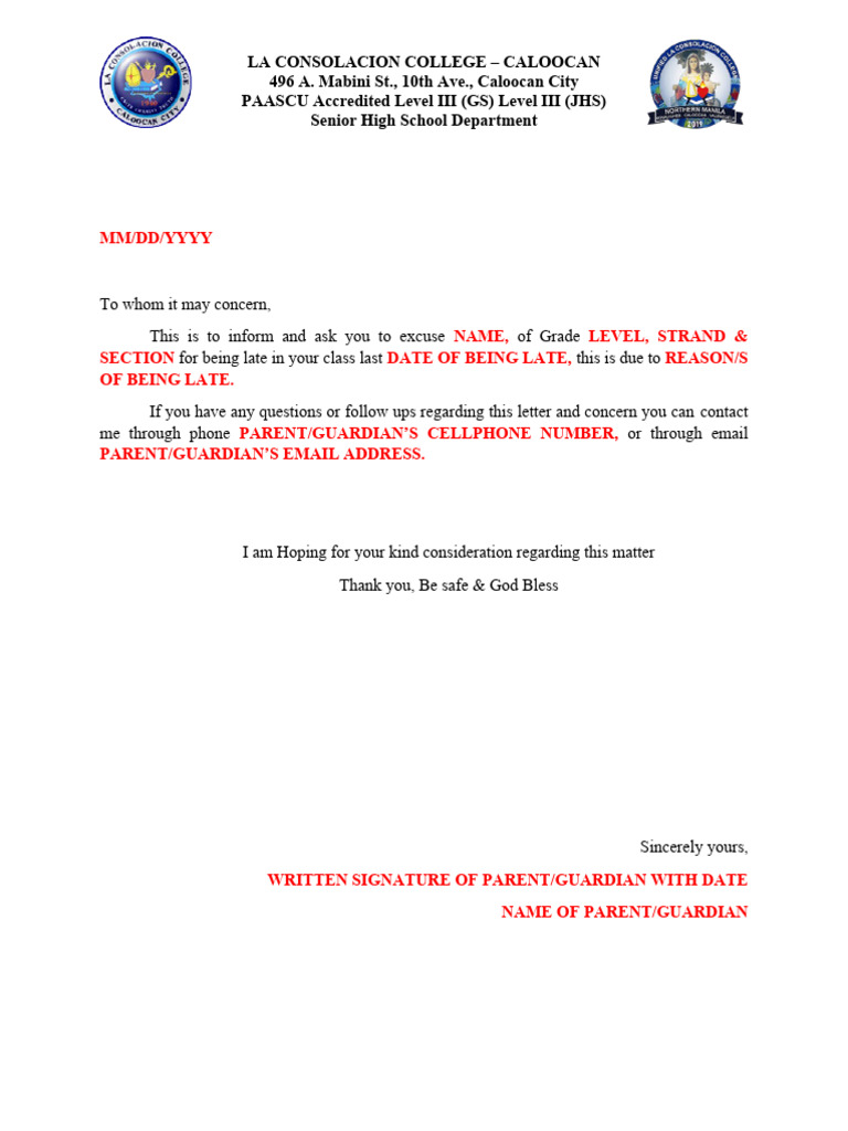 Parent Excuse Letter for Student's Tardiness | PDF | Wellness