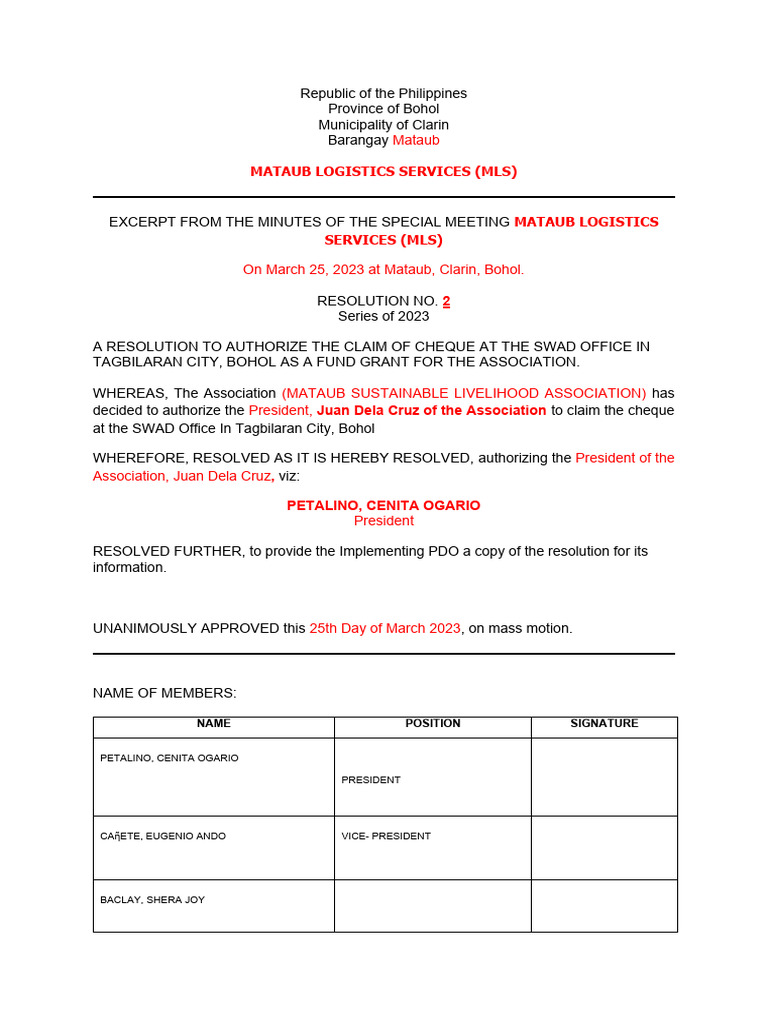 Resolution To Authorize The Claim | PDF