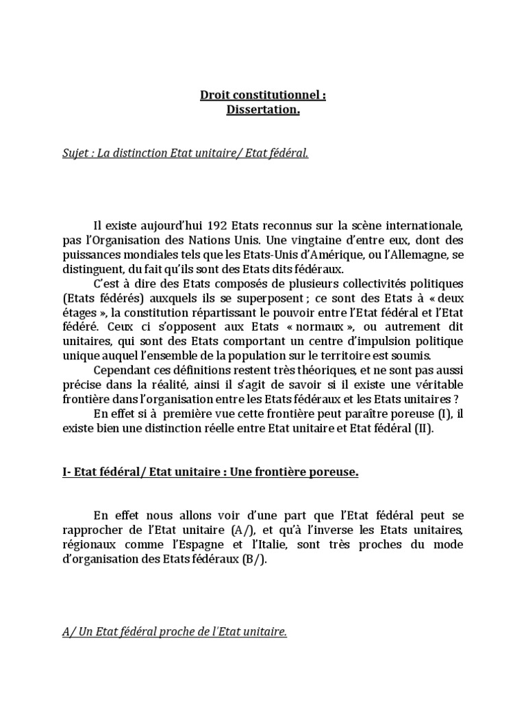 Dissertation Droit Constitutionnel Distinction Etat Unitaire/ Etat