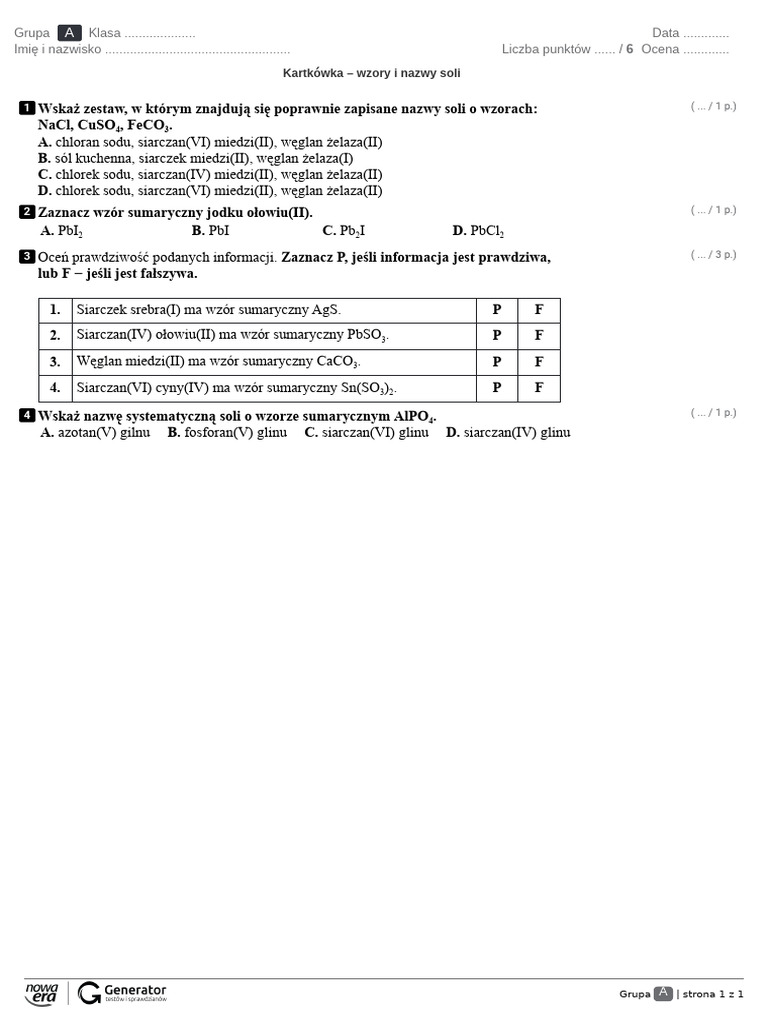 Kartkówka - Wzory I Nazwy Soli Test (Z Widoczną Punktacją) | PDF