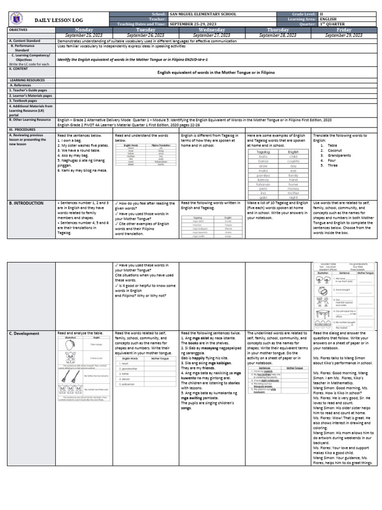 English 2 DLL Quarter 1 Week 5 Sept. 2529, 2023 PDF