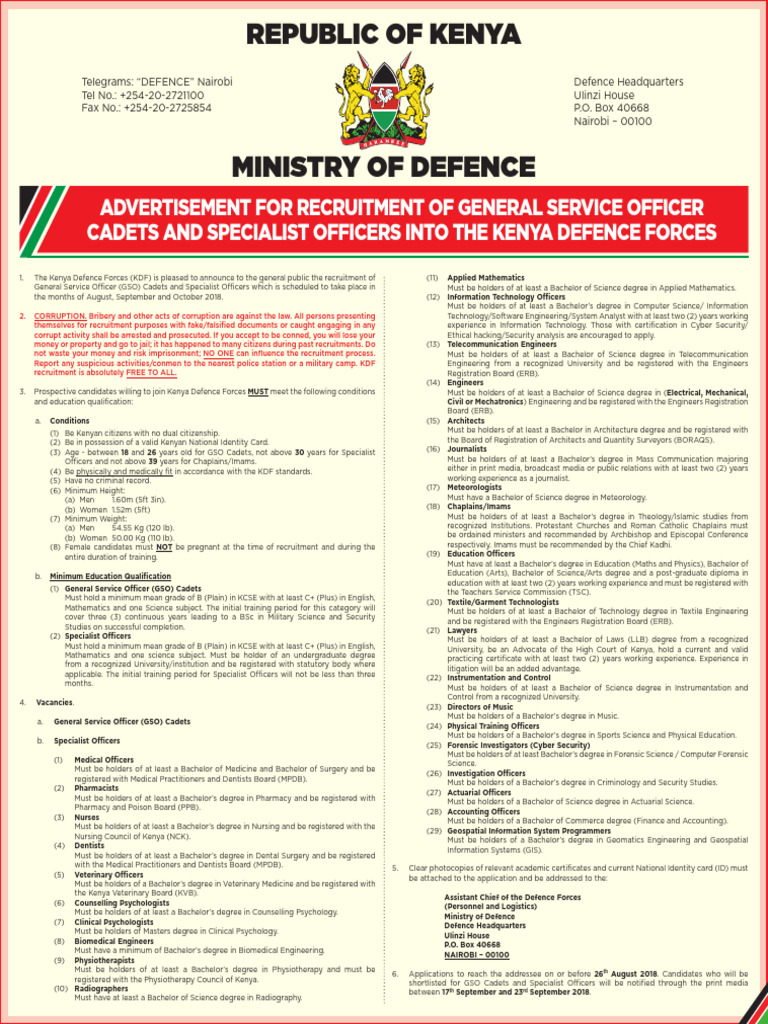 KDF Recruitment for GSO Cadets & Officers | PDF