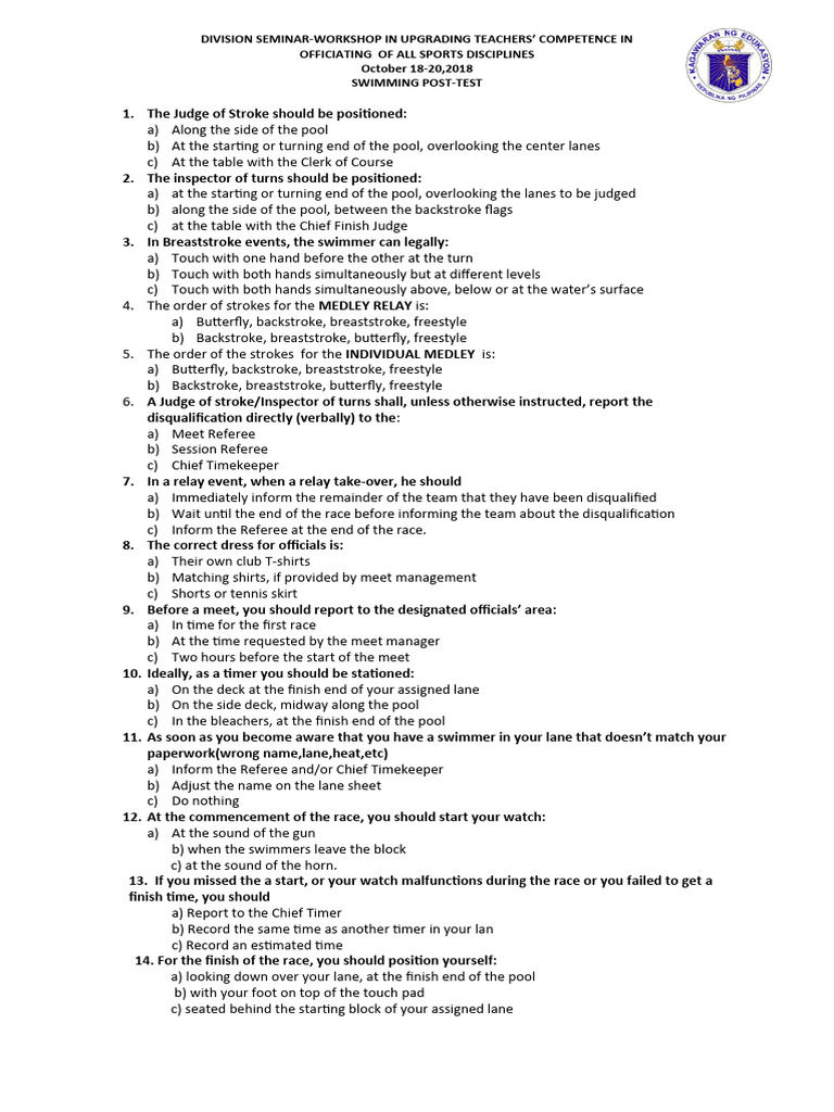 sWIMMING PRE TEST DIVISION NEG OCC | PDF | Swimming (Sport) | Outdoor ...