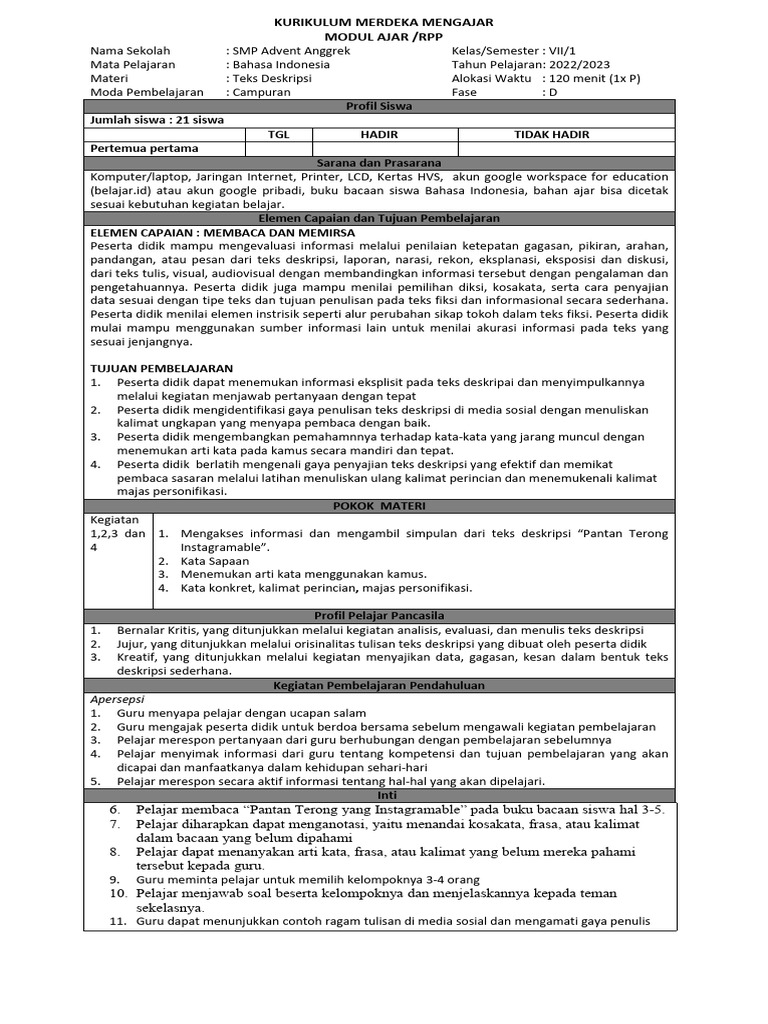RPP Teks Deskripsi SMP Kelas VII | PDF