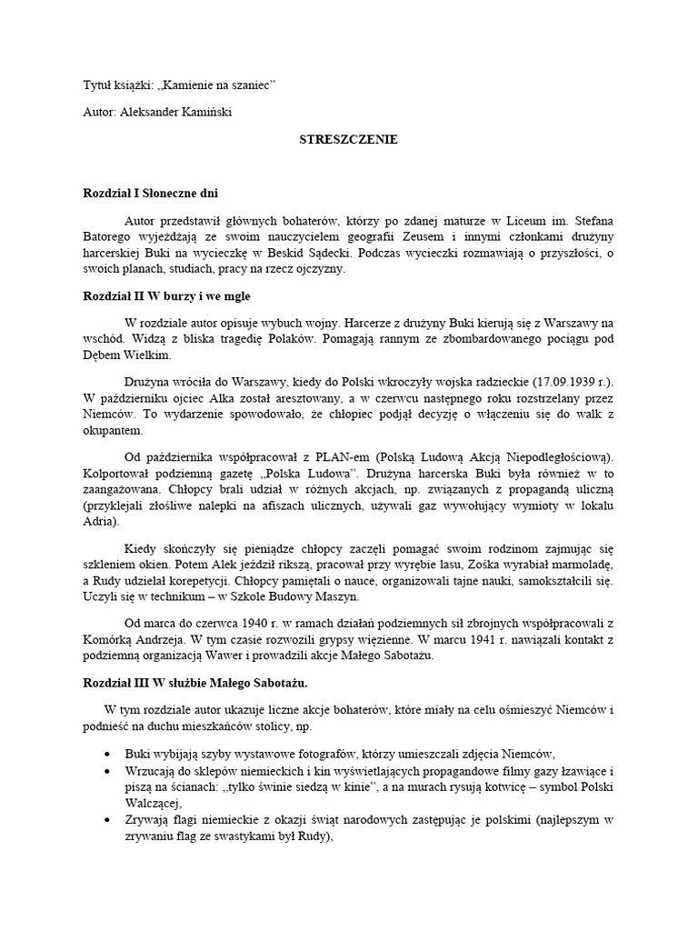 Kamienie Na Szaniec Dokładne Streszczenie Kamienie Na Szaniec - Streszczenie | PDF