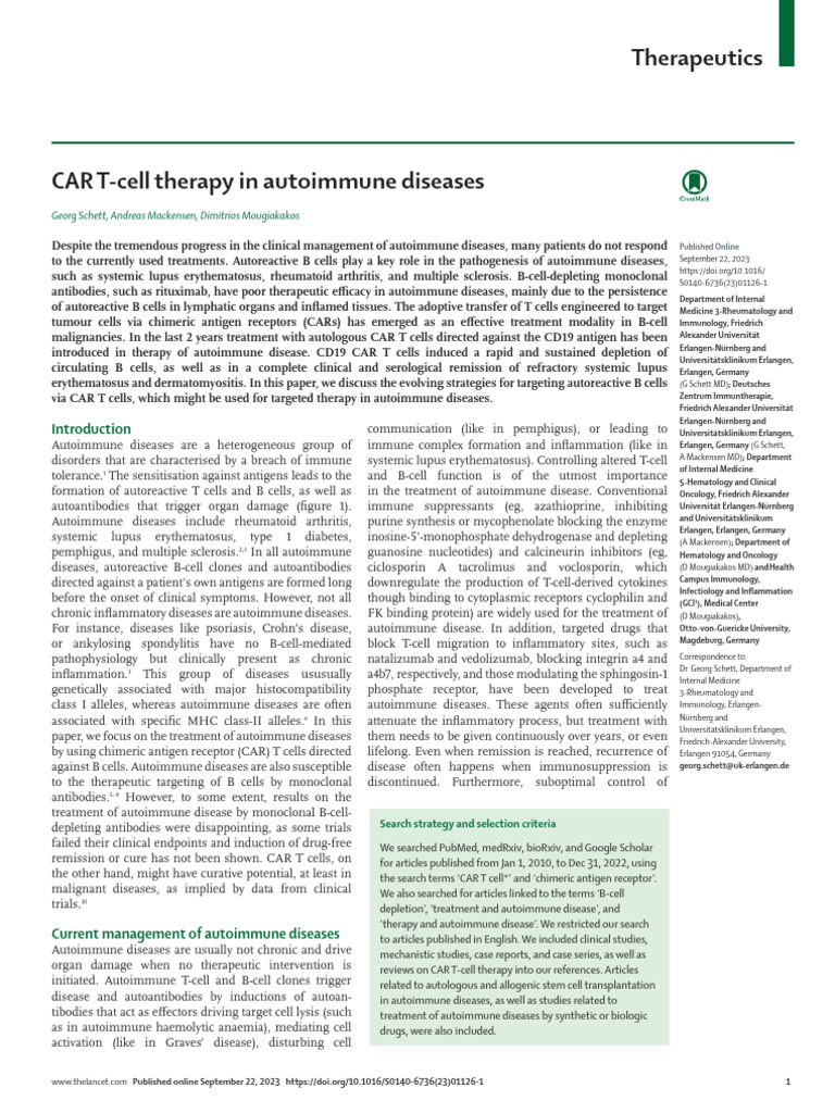CAR T-Cell Therapy in Autoimmune Diseases | PDF