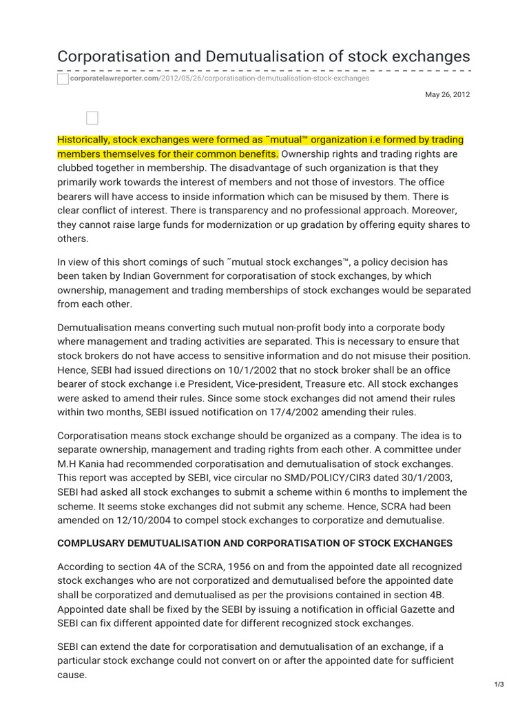 Corporatisation and Demutualisation of Stock Exchanges | PDF | Stocks ...