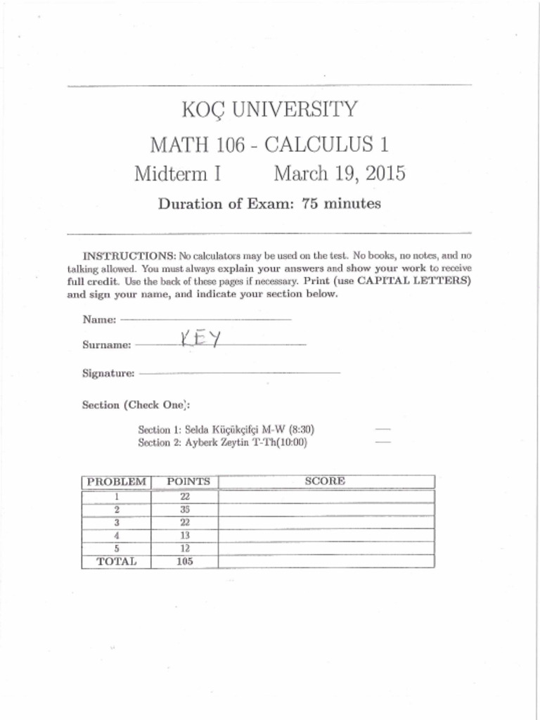 Koçuni Calculus 1 Midterm I Pdf