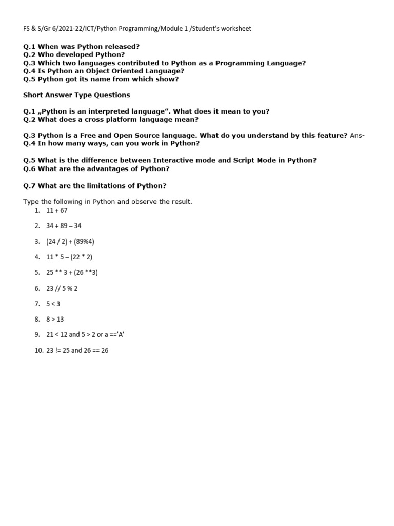 Student Worksheet Python Basics | PDF