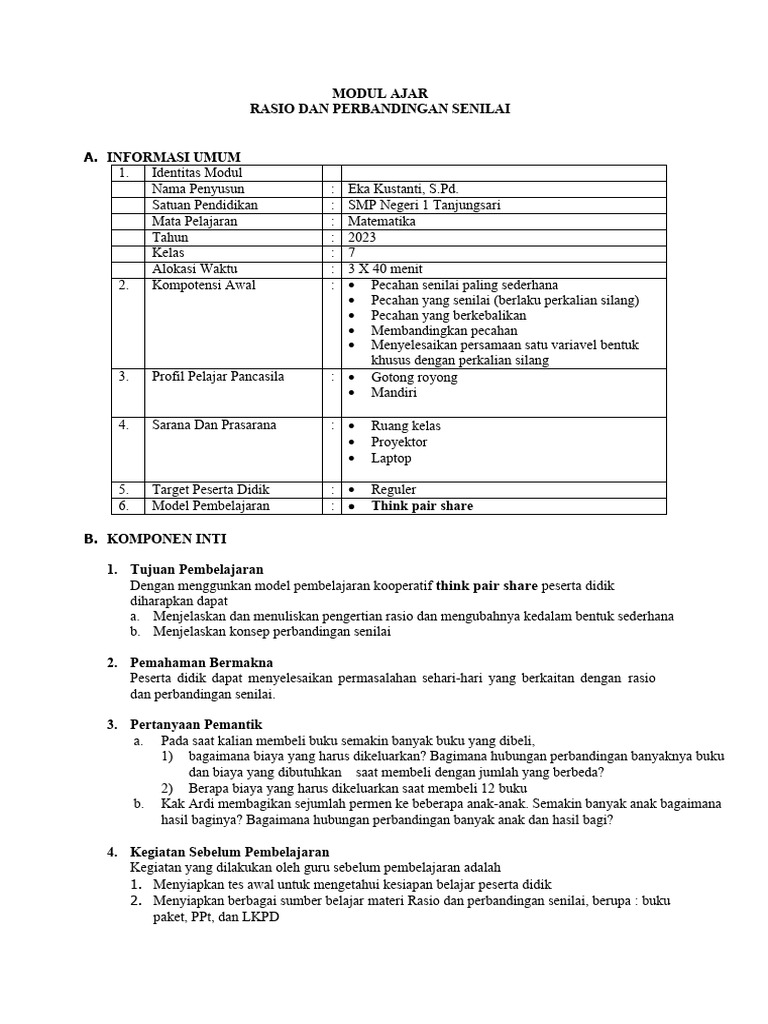 Modul Ajar Rasio Kelas 7 SMP | PDF