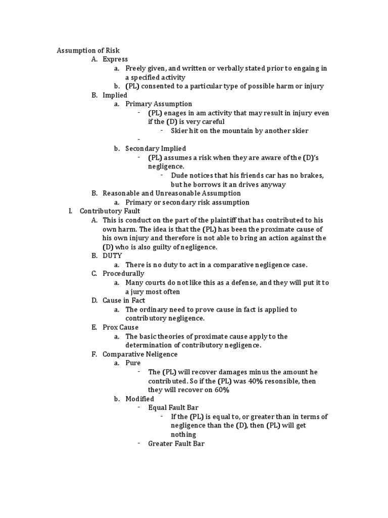 Assumption of Risk Contributory Negligence Negligence