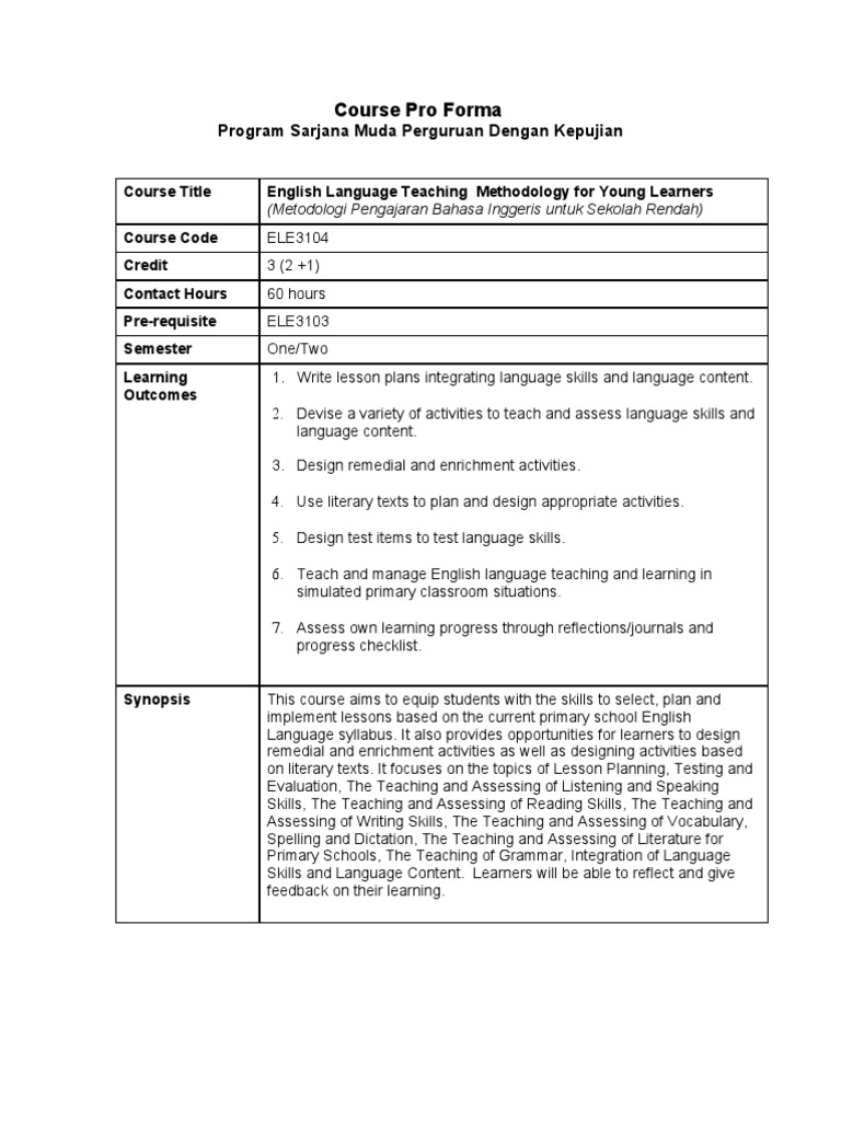 Ele3104 English Language Teaching Methodology For Young Learners Lesson Plan English As A Second Or Foreign Language